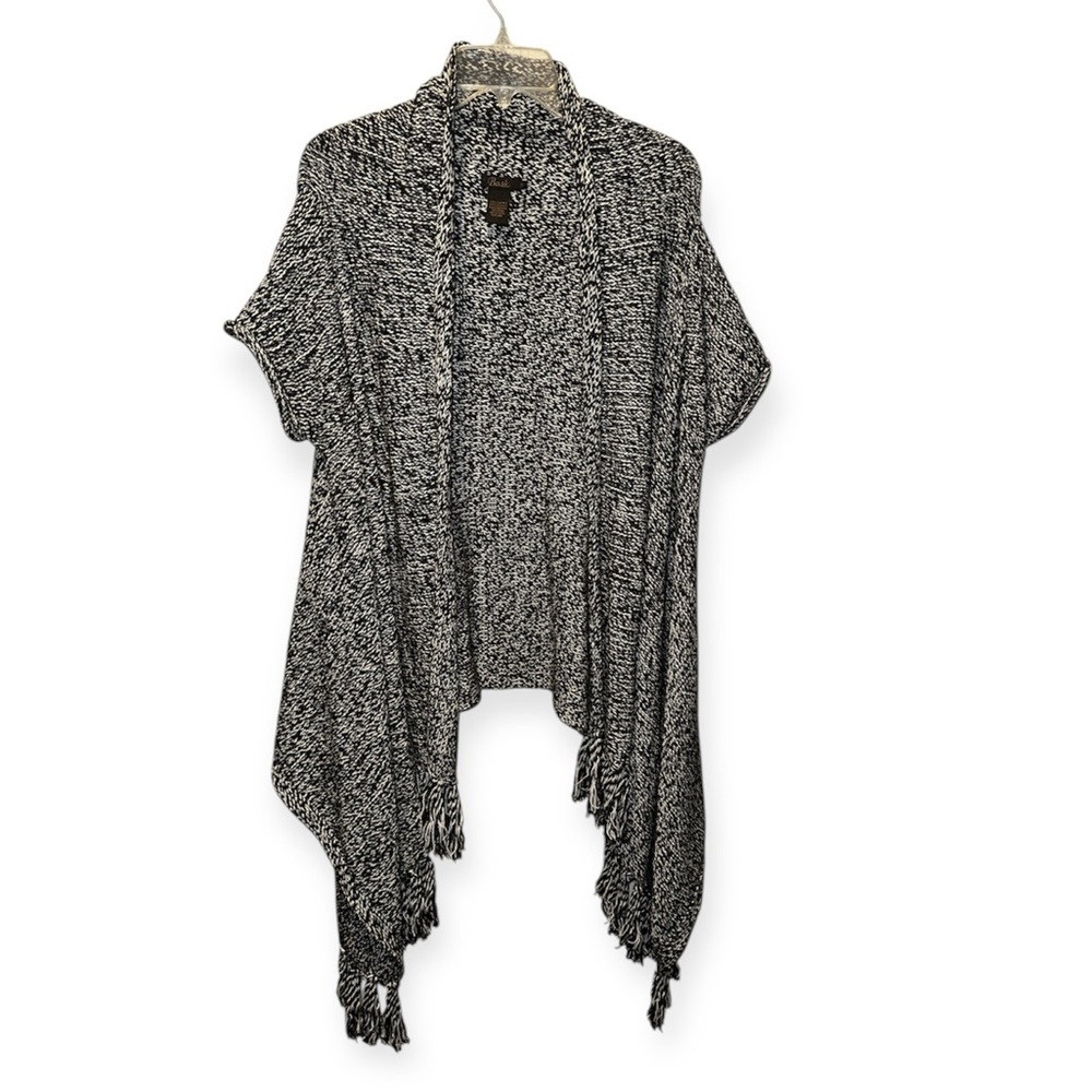 Bask Shrug Sweater Women’s L Black White Knit Open Front Fringe Boho